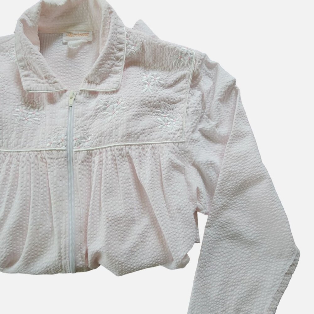 Vintage Barbizon Long Embroidered Nightgown Pajamas Pink White Seersucker Size S - Picture 3 of 16